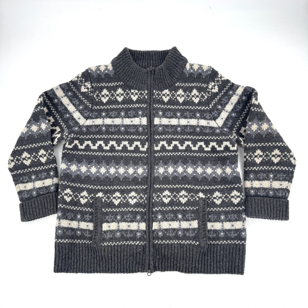 L.L.Bean Women's XL Full Zip Fair Isle Ski Sweater Jacket Wool Charcoal‎ Cream